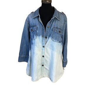 Bleached Woman's Denim Shirt Size XL Long Sleeve Distressed Upcycled